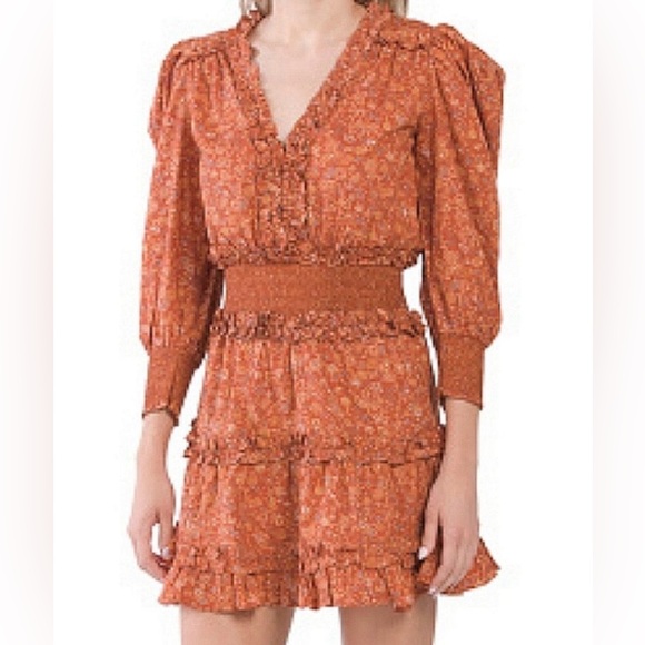 House of Harlow Dress Womens XL Orange Tiered Smocked Peasant Puff Sleeve Mini‎ - Picture 2 of 13